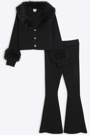 River Island Girls Feather Cardigan And Bottoms Set