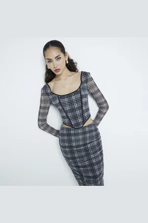River Island Womens Mesh Long Sleeve Check Corset Top