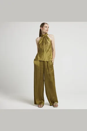 River Island Womens Satin Plisse Wide Leg Trousers
