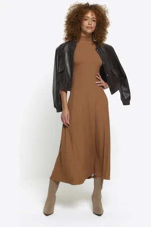 River Island Womens Rib High Neck Bodycon Midi Dress