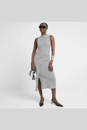 River Island Womens Textured Stripe Knot Bodycon Midi Dress