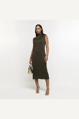 River Island Womens Crinkle High Neck Bodycon Midi Dress
