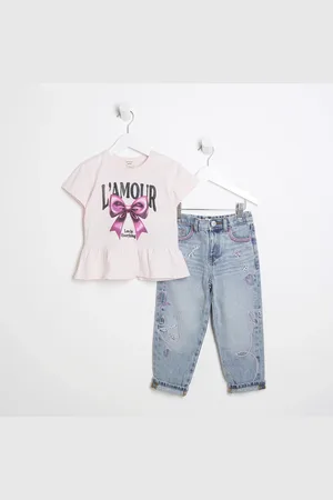 River Island Mini Girls Bow T-Shirt And Jeans Set