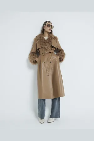 River Island Womens Faux Fur Trim Faux Leather Trench Coat