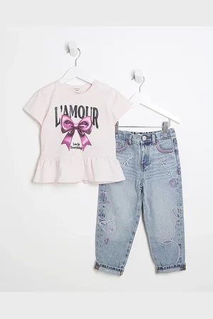 River Island Mini Girls Bow T-Shirt And Jeans Set
