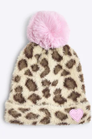 River Island Girls Leopard Pom Pom Beanie Hat