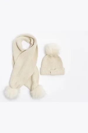 River Island Girls Bow Beanie And Pom Scarf Set