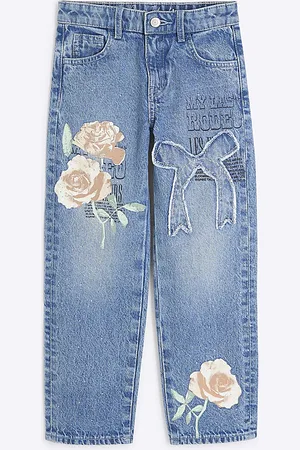 River Island Girls Denim Rose Graffiti Straight Jeans