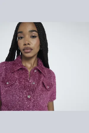 River Island Womens Tinsel Knit Button Up Short Sleeve Shirt