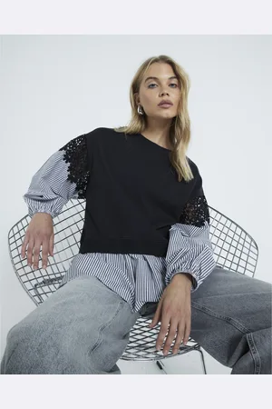 River Island Womens Stripe Lace Trim Hybrid Sweatshirt