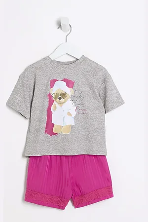 River Island Mini Girls Satin Mix Teddy Pyjamas Set