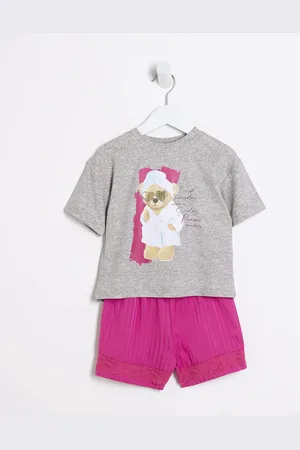 River Island Mini Girls Satin Mix Teddy Pyjamas Set