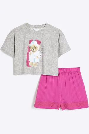 River Island Girls Satin Mix Teddy Pyjamas Set