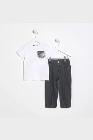 River Island Mini Girls Gingham T-Shirt & Jeans Set