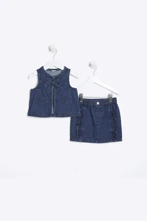 River Island Mini Girls Denim Gilet And Skirt Set