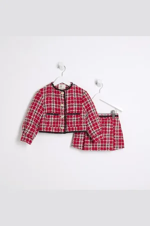 River Island Mini Girls Check Boucle Jacket Set