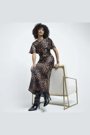 River Island Womens Ruched Leopard Print Midi Dress