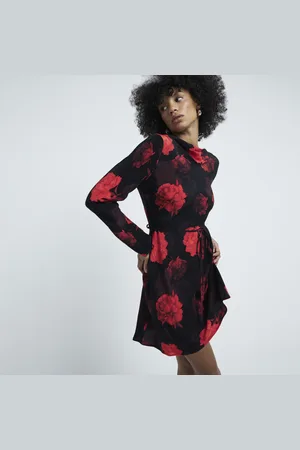 River Island Womens Long Sleeve Tie Waist Floral Mini Dress