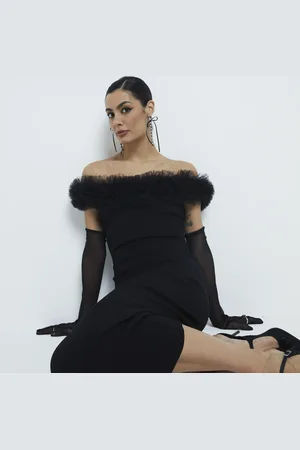 River Island Womens Ruffle Bardot Midi Bodycon Dress