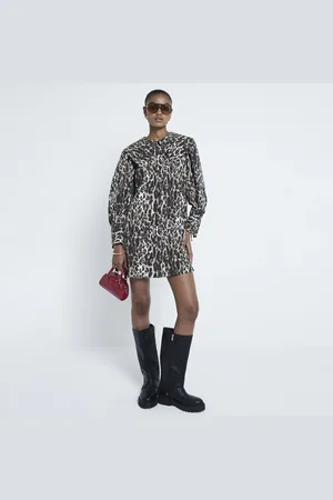 River Island Womens Leopard Large Collar Mini Shirt Dress