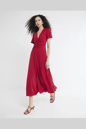 River Island Womens Short Sleeve Ruched Midi Dress