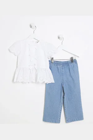River Island Mini Girls Broderie Blouse & Jeans Set