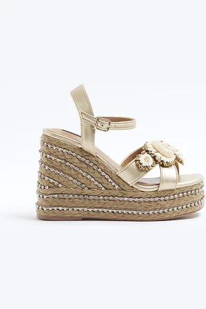 River Island Womens Raffia Flower Platform Wedge Sandals