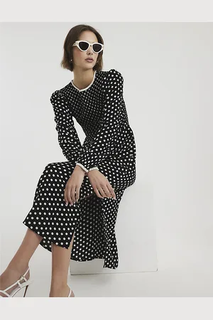 River Island Womens Long Sleeve Shirred Spot Midi Dress