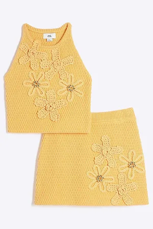 River Island Girls Crochet Floral Top & Skirt Set