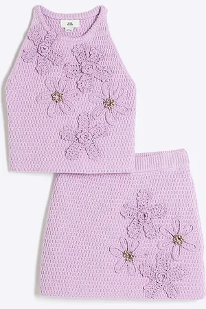 River Island Girls Crochet Floral Top & Skirt Set