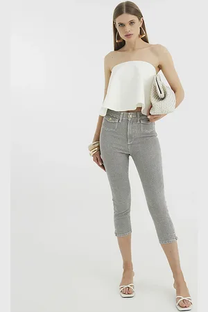 River Island Womens Denim Gingham Skinny Capri Trousers