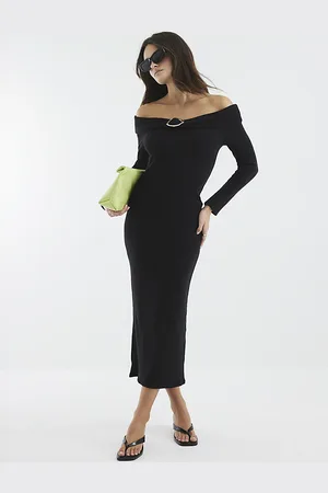 River Island Womens Long Sleeve Ribbed Buckle Midi Dress