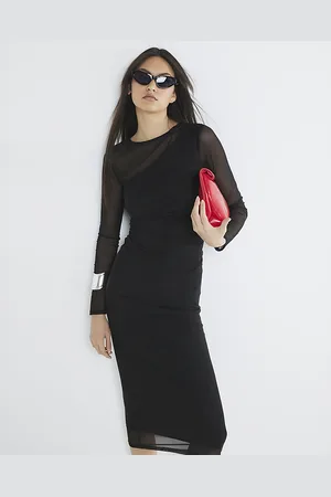 River Island Womens Long Sleeve Mesh Asymmetric Midi Dress