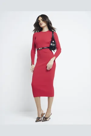 River Island Womens Long Sleeve Belted Midi Jumper Dress