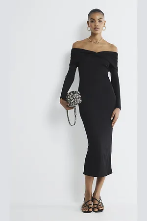River Island Womens Long Sleeve Twist Bardot Midi Dress