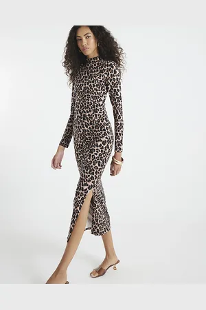 River Island Womens Long Sleeve Leopard Print Midi Dress