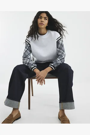 River Island Womens Check Print Hybrid Sleeve Sweatshirt