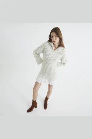 River Island Womens Knit Half Zip Pleated Jumper Mini Dress
