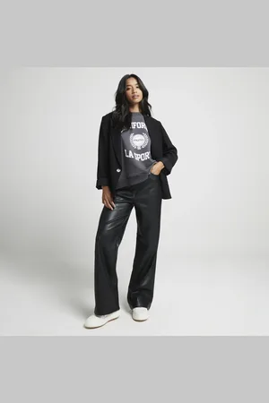 River Island Womens Petite Faux Leather Straight Trousers