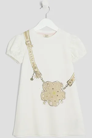 River Island Mini Girls Ecru Raffia Bag T-Shirt Dress