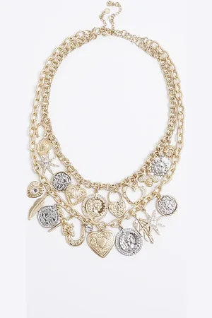 River Island Womens Metal Multi Row Charm Necklace