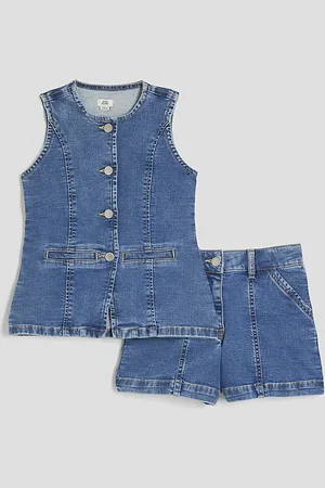 River Island Girls Denim Waistcoat And Shorts Set