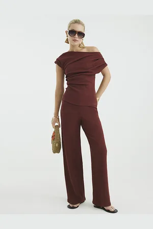 River Island Womens Rust Textured Wide Leg Trousers