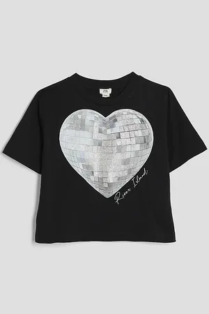 River Island Girls Disco Heart Crop T-Shirt