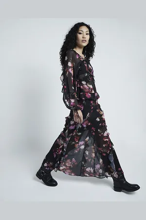 River Island Womens Chiffon Floral Ruffle Maxi Skirt