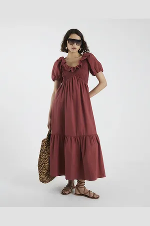 River Island Womens Short Sleeve V Neck Frill Midi Dress