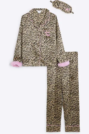 River Island Girls Faux Fur Cuff Leopard Pyjamas