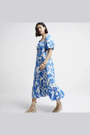 River Island Womens Floral Puff Sleeve Swing Midi Dress