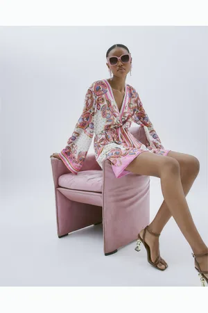River Island Womens Long Sleeve Tie Front Printed Mini Dress