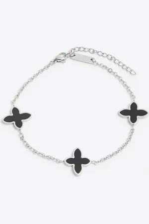River Island Mens Steel Rhodium Flower Bracelet